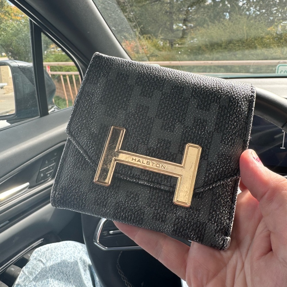 Halston Black and Grey Gray Wallet with gold hardware designer authentic